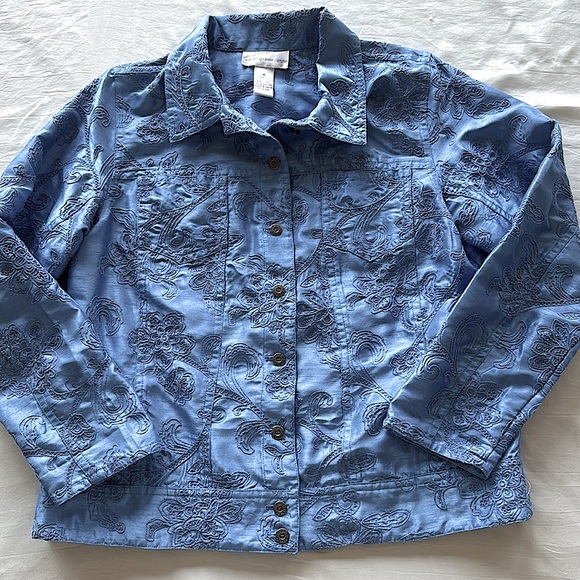 Susan Graver Blue Dupioni Texture Satin Floral Embroidery Jacket Coastal Grandma - Picture 10 of 12